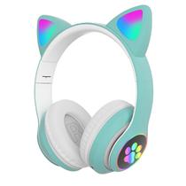 Fone de Ouvido Sem Fio Cat Ear Headset STN-28 com Orelha LED / Bluetooth / Microfone - Verde Claro/Branco