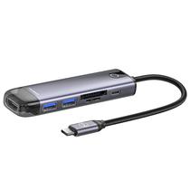 Hub USB Type-C HU-7740 6 Portas / HDMI / 2 USB 3.0 / SD / TF / Type-C Femea - Cinza
