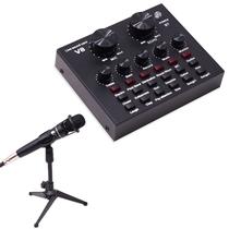 Kit de Mixer com Placa de Som V8 e Microfone E300 Mini Mixer Karaoke Bluetooth Live USB - Preto