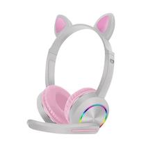 Fone de Ouvido Sem Fio Cat Ear Headset AKZ-K23 com Bluetooth e Microfone - Cinza/Rosa