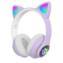 Fone de Ouvido Sem Fio Cat Ear Headset STN-28 com Orelha LED / Bluetooth / Microfone - Roxo Claro/Branco