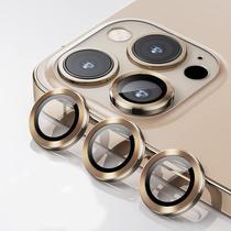 Pelicula de Camera de Vidro para iPhone 13 Pro Max Aneis de Metal/Anti-Riscos 4LIFE Um Conjunto (3 Pecas) - Gold