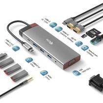 Hub Adaptador Multiporta 4LIFE FL12A USB-C / 12 Em 1 / USB-C PD 100W / HDMI X2 / SD / TF / RJ45 / VGA / Audio 3.5MM / USB 3.0 X3 / USB-C 2.0 - Cinza