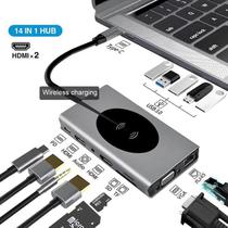 Adaptador USB-C 14 En 1 (VGA, RJ45, USB 3.0 X5, HDMI X2, Audio Jack 3.5MM, Microsd Card Reader X2, USB-C, 15W Wireless Charger)