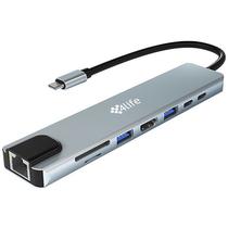 Hub USB-C 4LIFE FL8A 8 In 1 com Portas USB/USB-C/HDMI/Slot para SD e Micro SD - Cinza