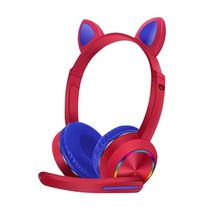 Fone de Ouvido Sem Fio Cat Ear Headset AKZ-K23 com Bluetooth e Microfone - Vermelho/Azul