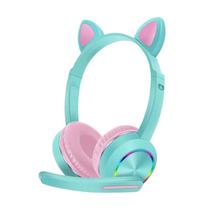 Fone de Ouvido Sem Fio Cat Ear Headset AKZ-K23 com Bluetooth e Microfone - Verde Claro/Rosa