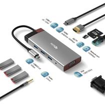Hub Adaptador Multiporta 4LIFE FL10A USB-C / 10 Em 1 / USB-C PD 100W / USB3.0 X3 / Audio 3.5MM / VGA / RJ45 / SD / TF / HDMI - Cinza