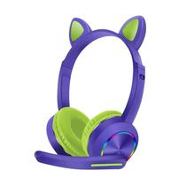 Fone de Ouvido Sem Fio Cat Ear Headset AKZ-K23 com Bluetooth e Microfone - Roxo/Verde