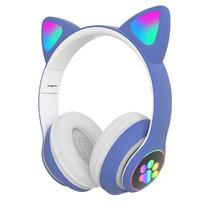Fone de Ouvido Sem Fio Cat Ear Headset STN-28 com Orelha LED / Bluetooth / Microfone - Azul/Branco