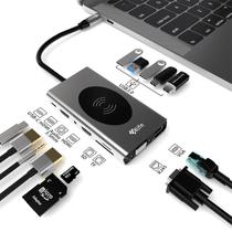 Hub Adaptador Multiporta 4LIFE FL14W USB-C / 14 Em 1 / USB-C PD 100W / HDMI / 3.5MM Audio / HDMI / TF / SD / USB 3.0 X5 / VGA / RJ45 / Wireless Charging 15W - Cinza