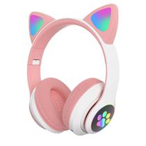 Fone de Ouvido Sem Fio Cat Ear Headset STN-28 com Orelha LED / Bluetooth / Microfone - Rosa/Branco